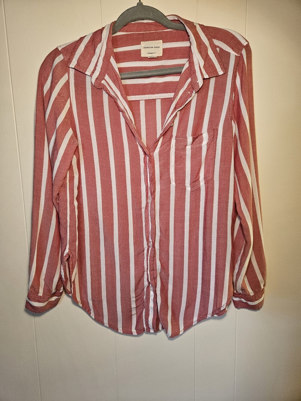 American Eagle Outfitters Rose-Pink and White Vertical Stripe Button-Down Shirt